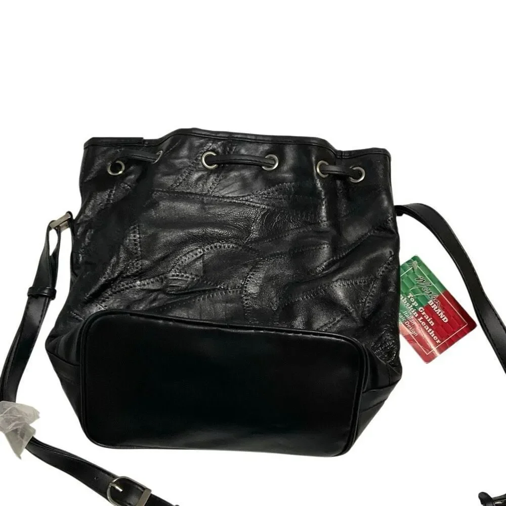 Maxam Lambskin Patchwork Mosaic Drawstring Bag, Black NWT Vintage